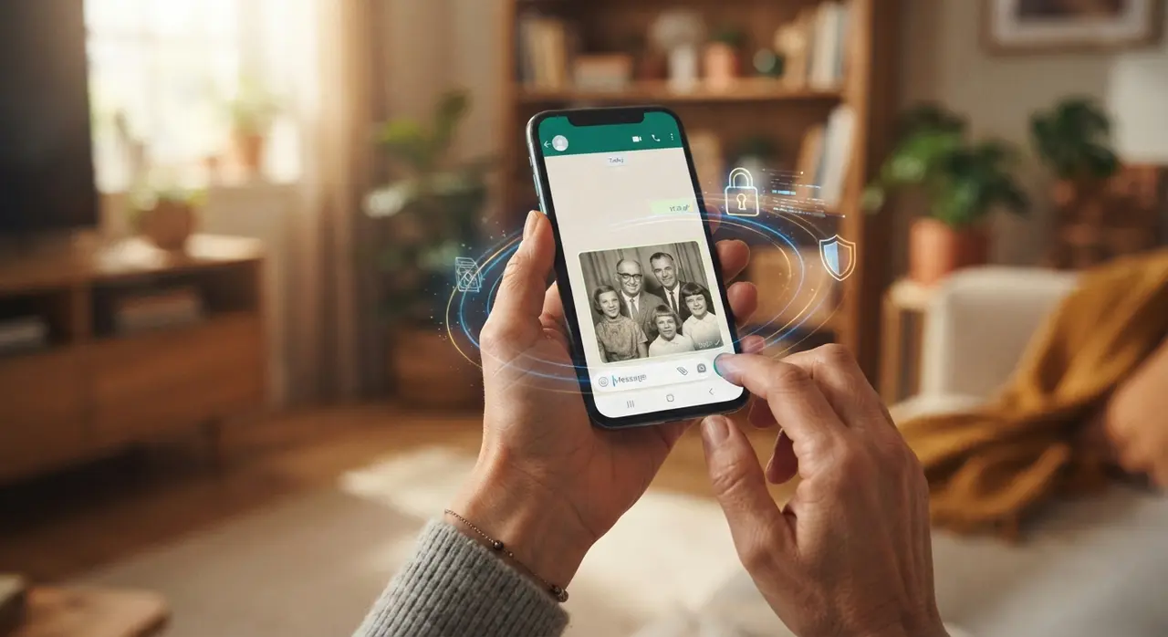 Pessoa enviando imagem com segurança no WhatsApp para criar vídeo com IA e preservar privacidade