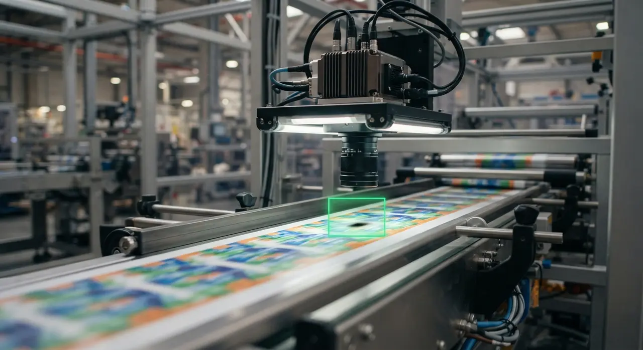 Computer vision AI agent detecting print defects on a high-speed packaging conveyor line