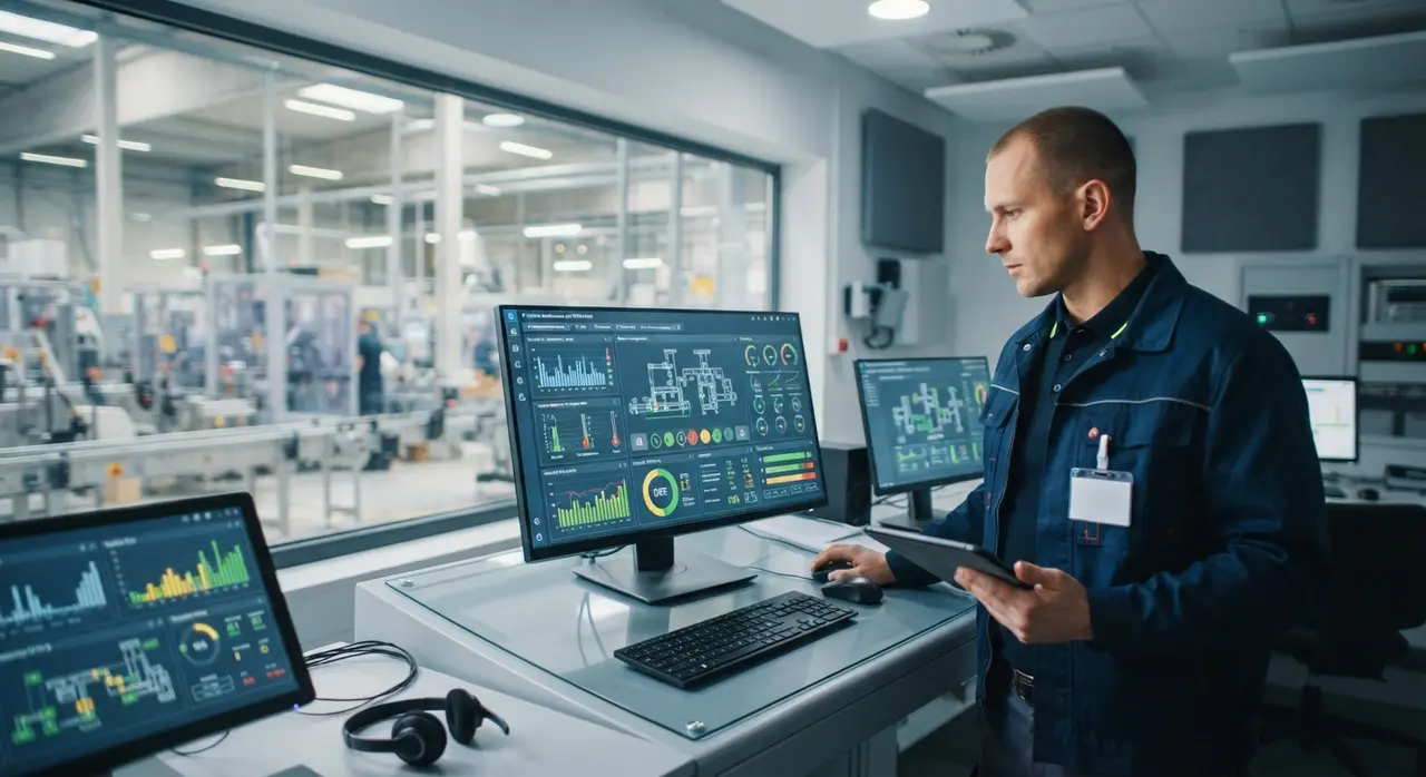 Plant supervisor reviewing AI agent real-time quality control telemetry on a digital dashboard