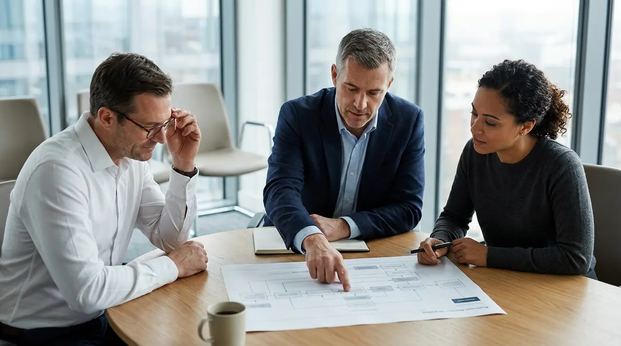 Gestores de empresa analisando opções de redesenho e automação de processos em sala de reunião.