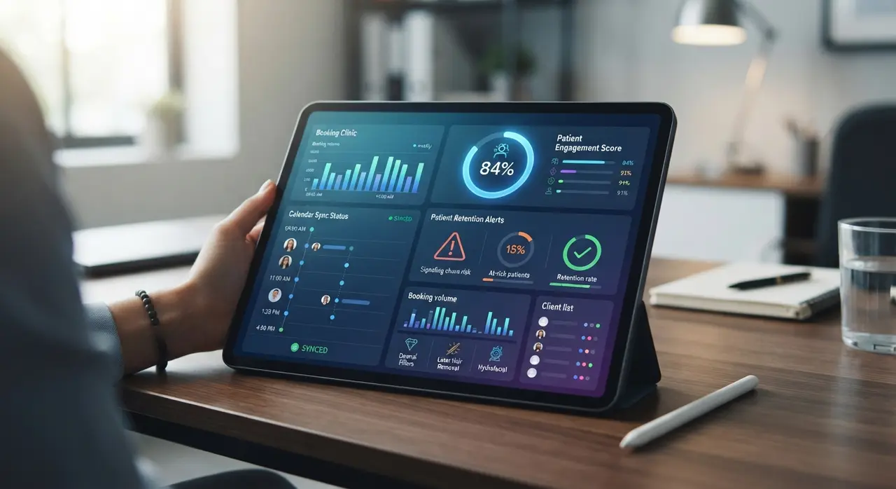 Painel de controle com suporte inteligente e indicadores de prevenção de churn para clínicas
