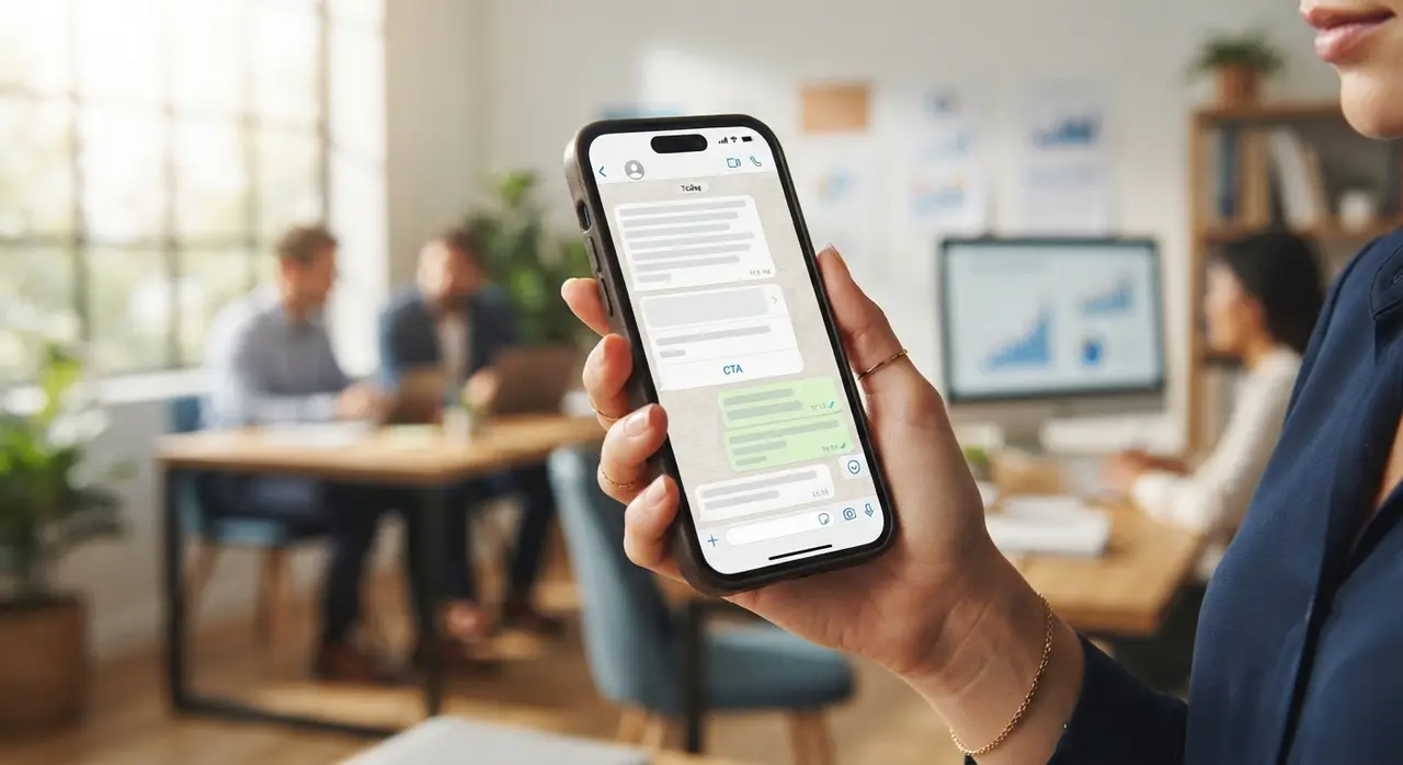 Pantalla de WhatsApp Business mostrando mensajes automáticos de bienvenida en un despacho de contabilidad