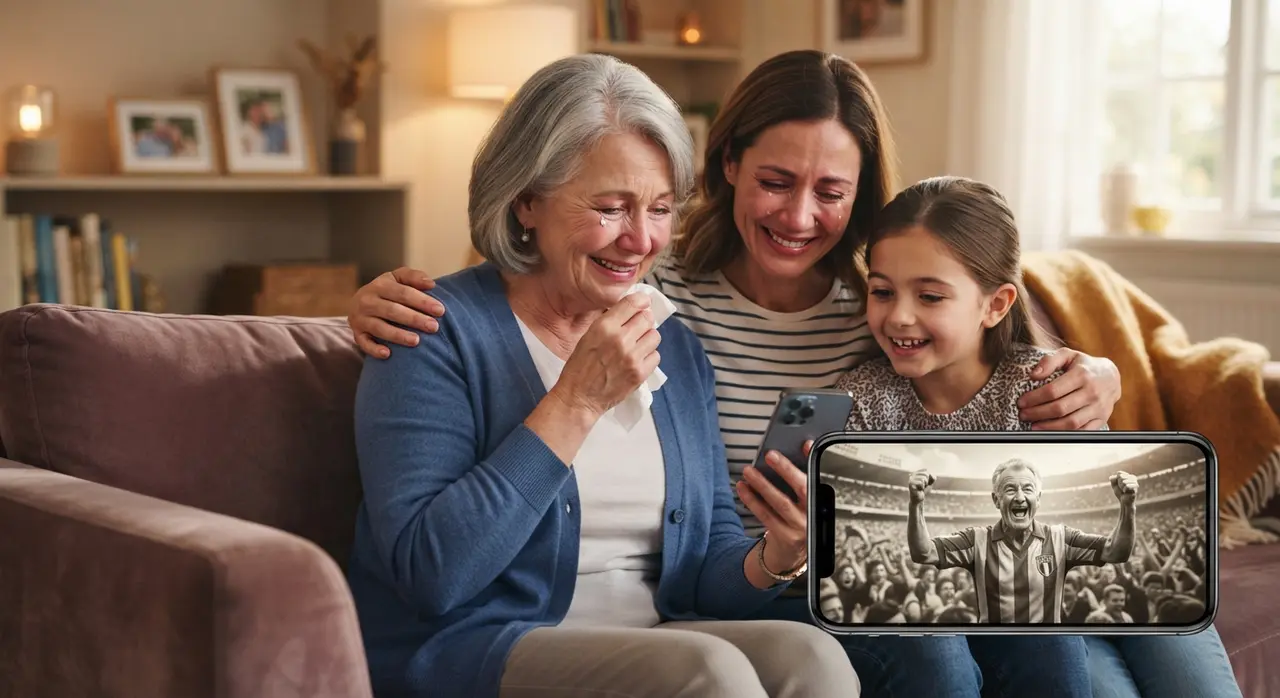 Familia viendo una foto antigua animada de su equipo favorito en WhatsApp