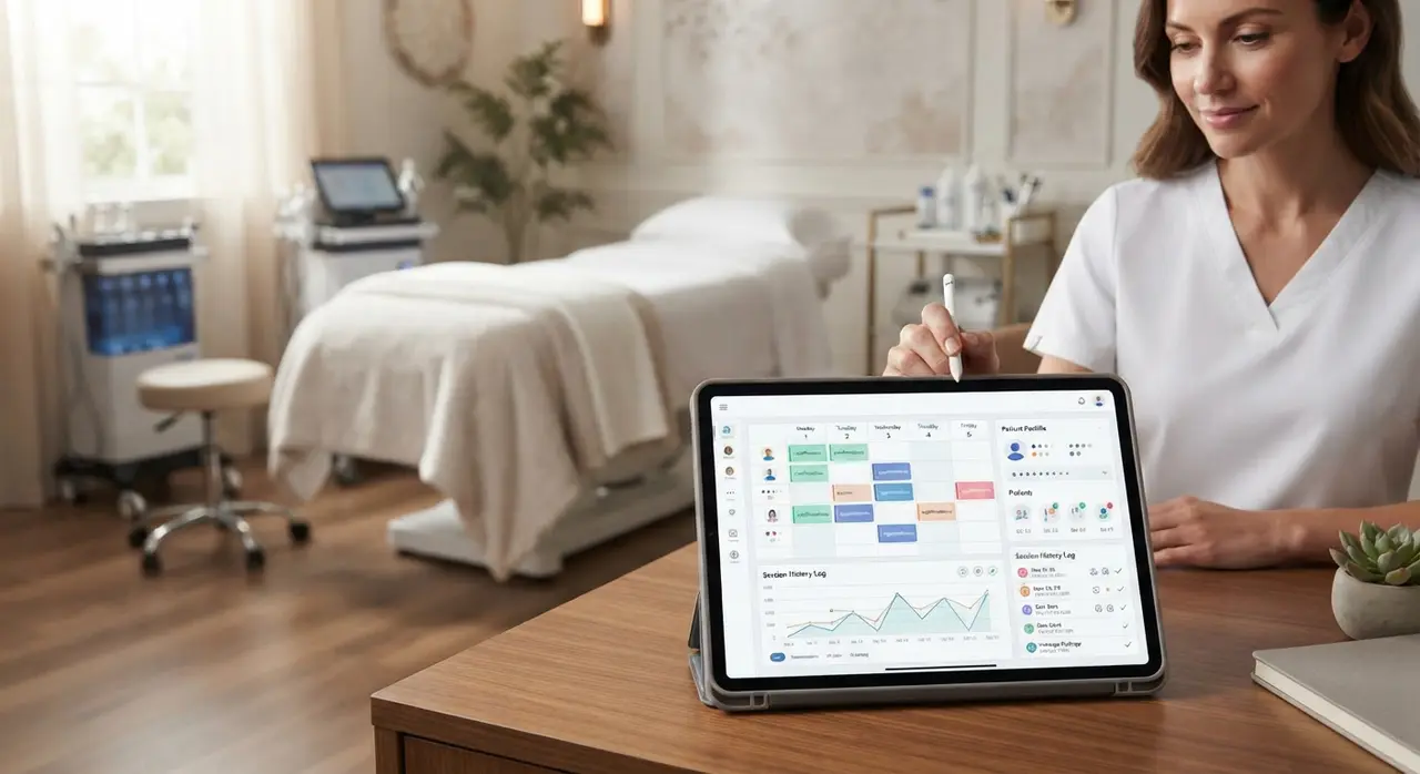 Panel digital de gestión en una clínica estética mostrando la automatización de procesos con IA