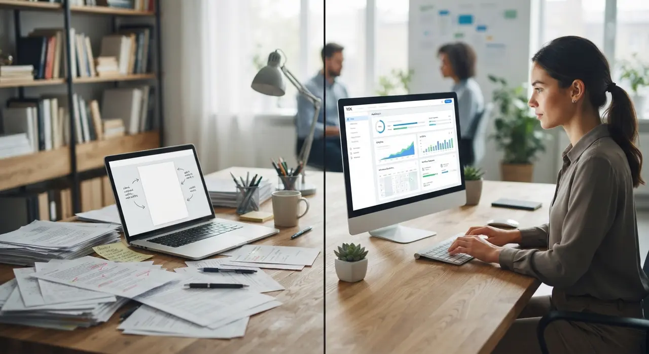 Comparação conceitual entre fluxo de trabalho manual saturado e uma operação de conteúdo automatizada e organizada.