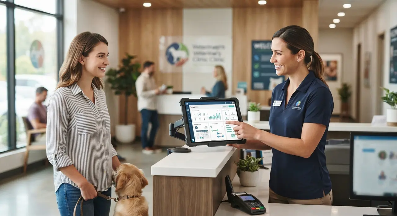 Agente de back office automatizando registros e cobranças em recepção de clínica veterinária