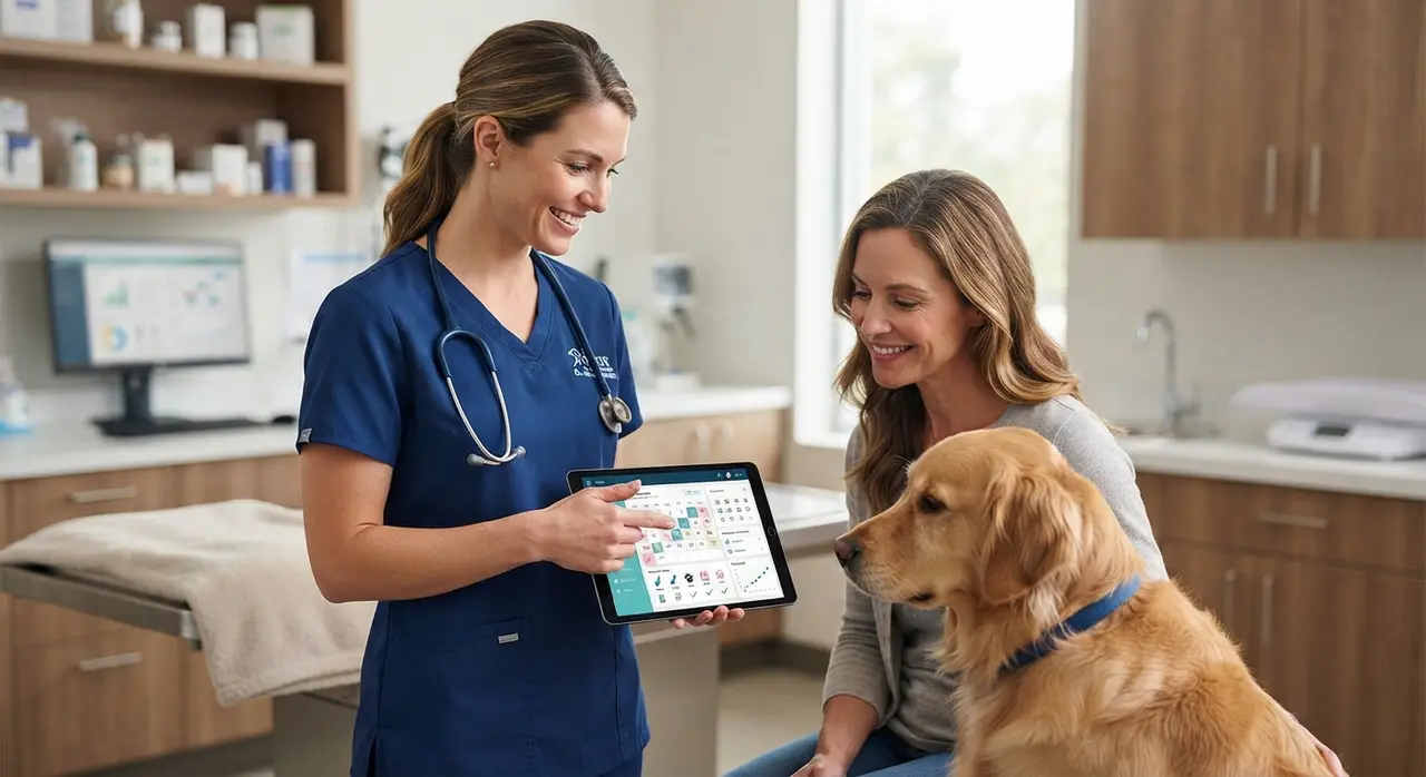 Veterinário acompanhando sistema de automação comercial e agendamento de retorno de tutores