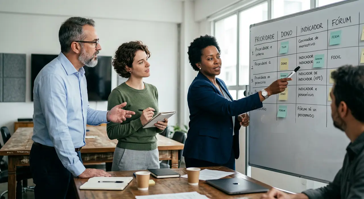 Líderes de empresa reunidos analisando a cadência de gestão e prioridades do negócio.