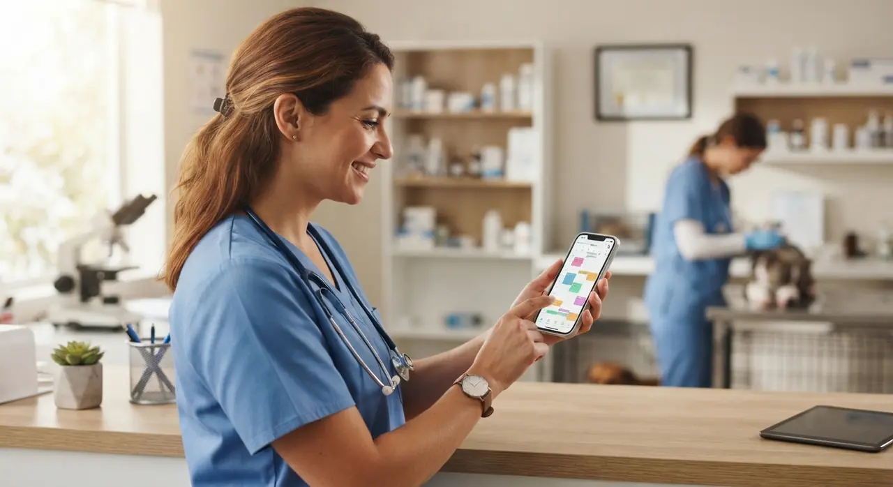 Interfaz de chat de WhatsApp programando una consulta veterinaria de noche a través de la API de WhatsApp Business