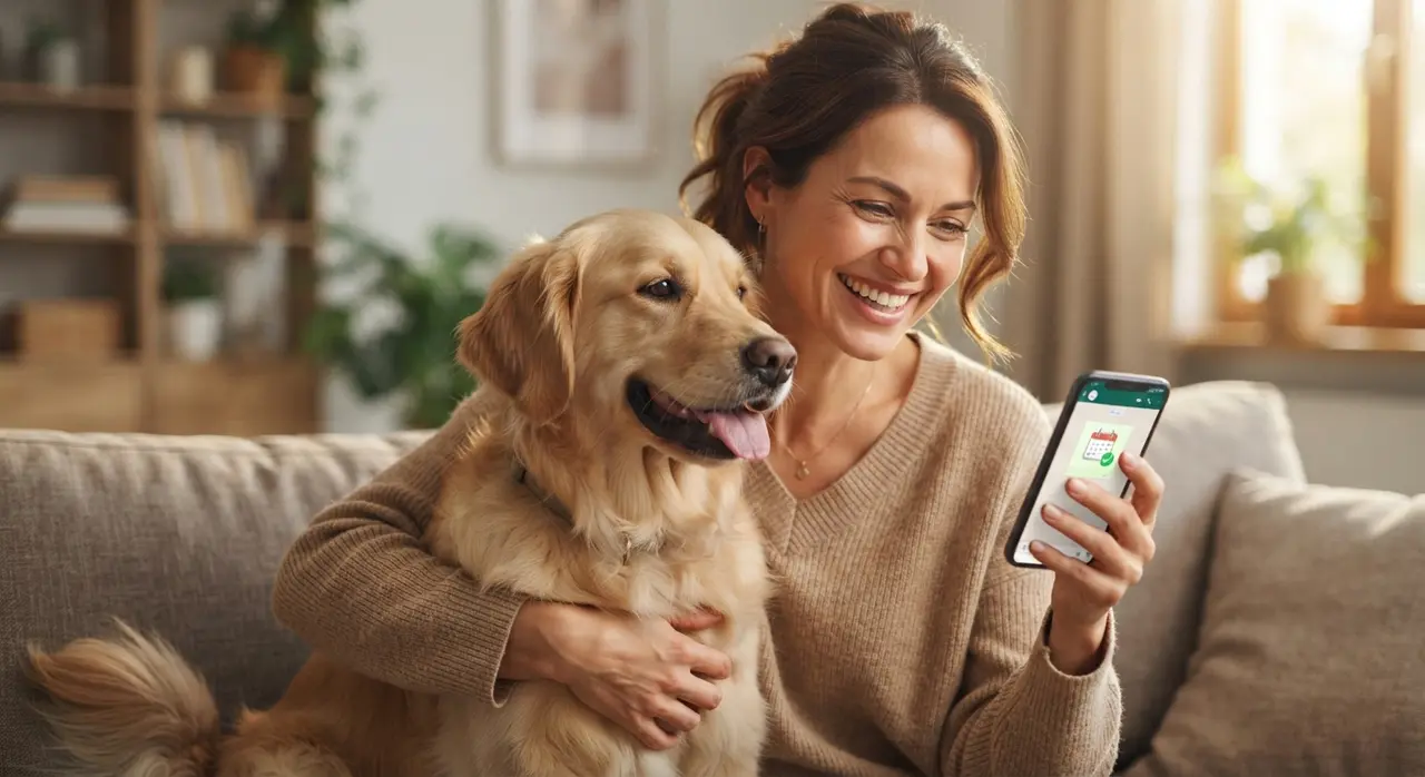 Tutor satisfecho en la clínica veterinaria recibiendo soporte al cliente rápido y mejorando la experiencia del cliente