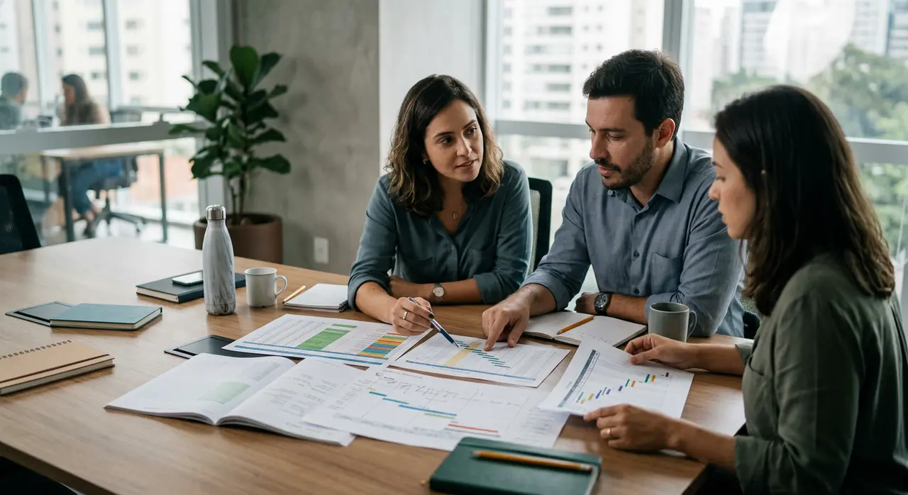 Gestores analisando alocação de tempo e recursos em reunião estratégica.