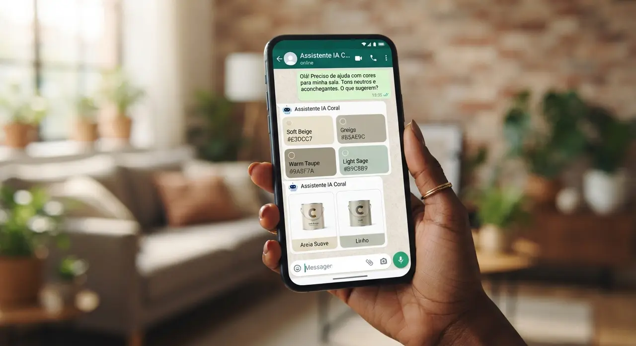 Assistente de ia sugerindo combinações de cores de tintas diretamente no chat do WhatsApp