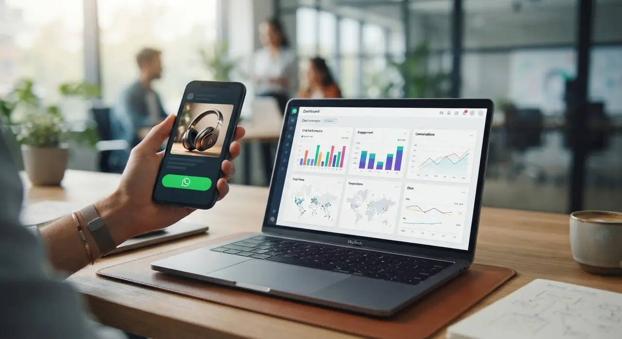 Panel de control con métricas de conversión e integración de anuncios click to whatsapp