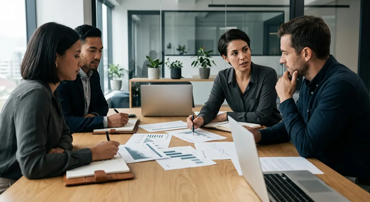 Executivos e gestores analisando indicadores estratégicos e sinais de mercado durante reunião de diretoria.