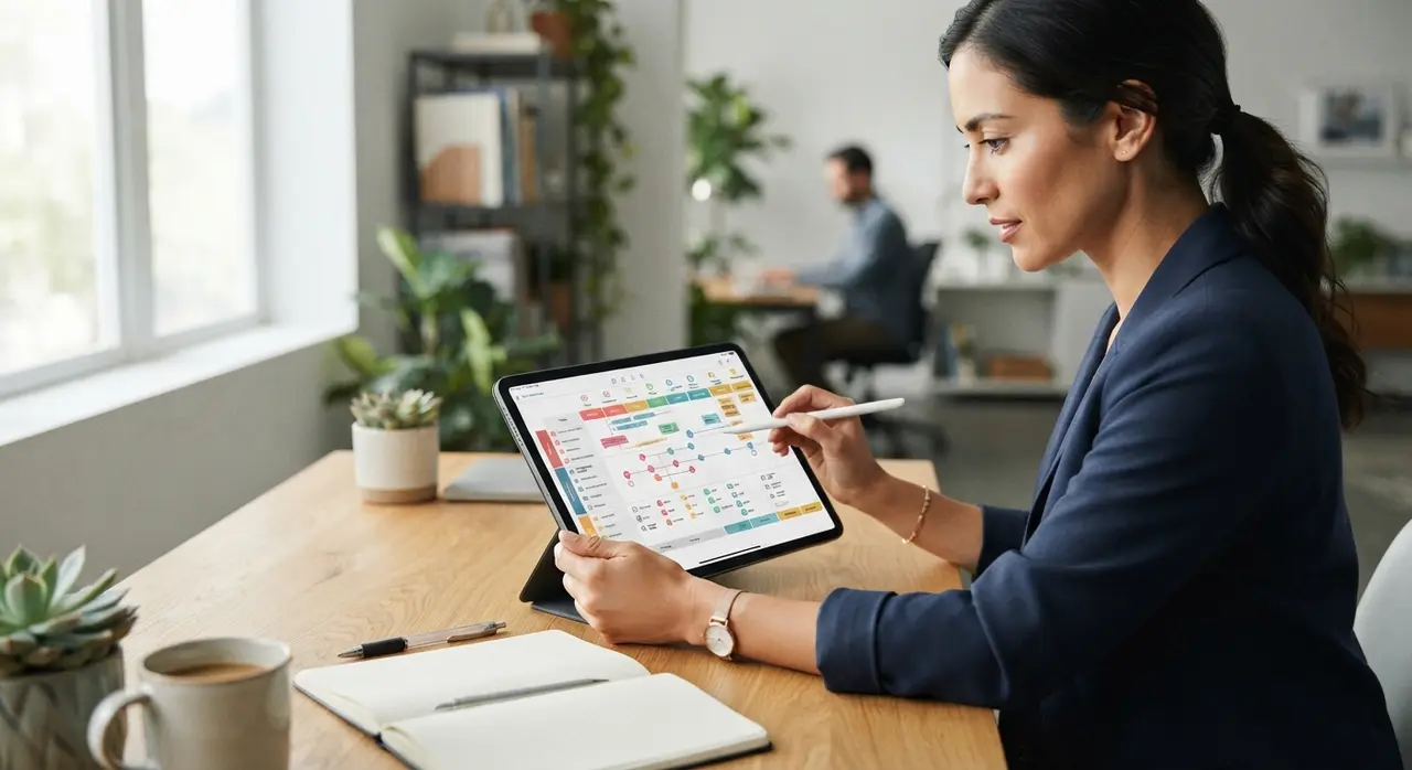 Profissional analisando a estrutura e o mapeamento de conteúdo em um dispositivo digital sobre a mesa de trabalho.