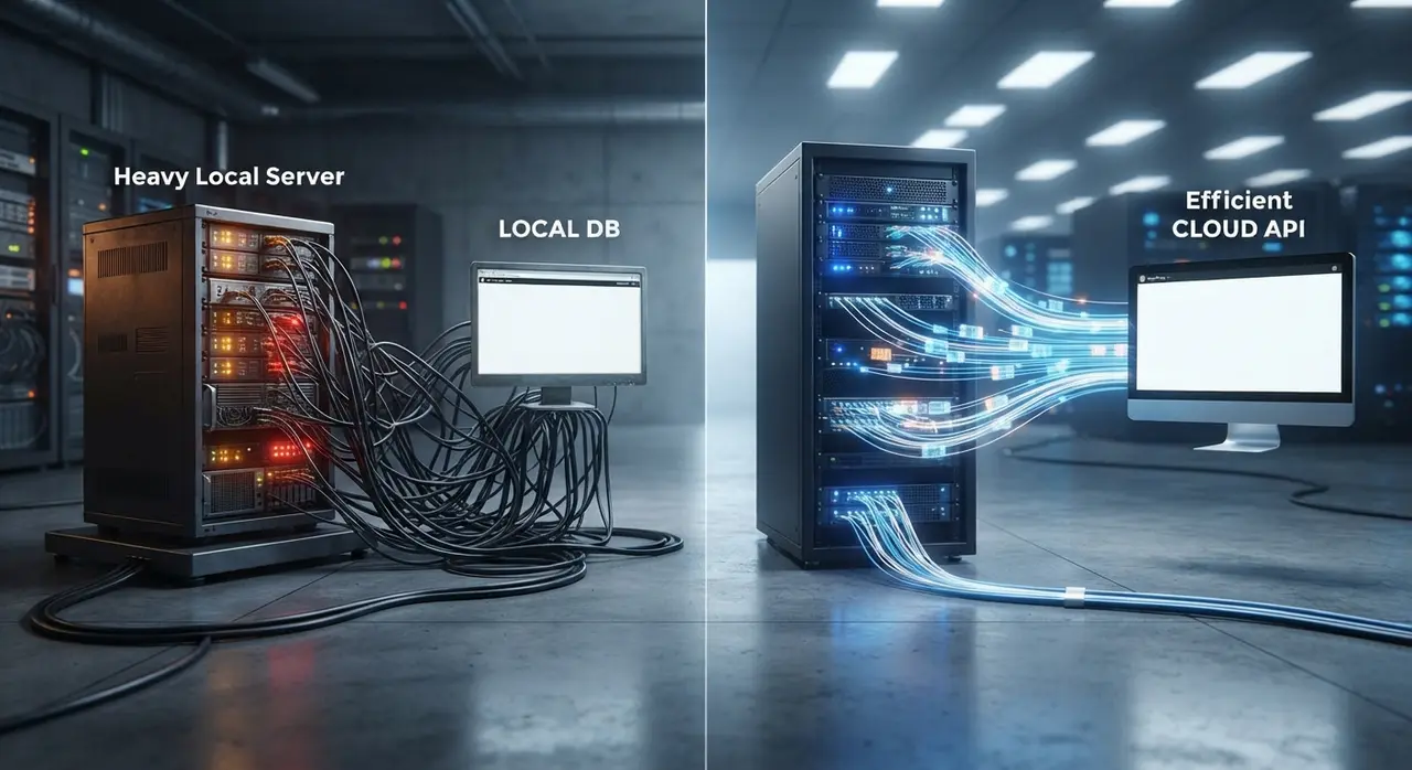 Diagrama conceitual comparando o processamento pesado de servidor local por plugin contra o processamento eficiente em nuvem por plataforma.
