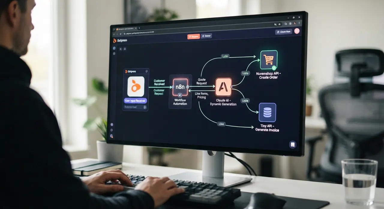 Diagrama de flujo de automatización con Botpress, Claude y n8n para cotización de productos personalizados