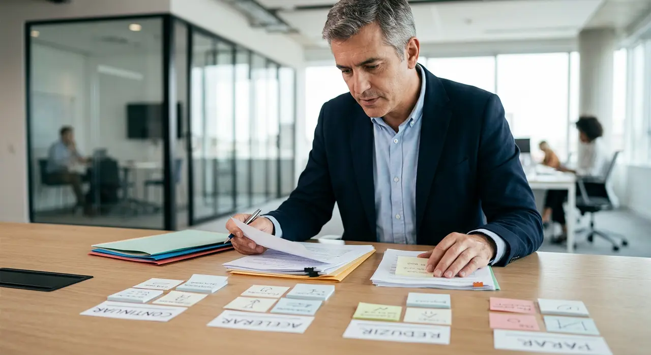 Empresário revisando a alocação de projetos e recursos no quadro de prioridades para gestão de PMEs.