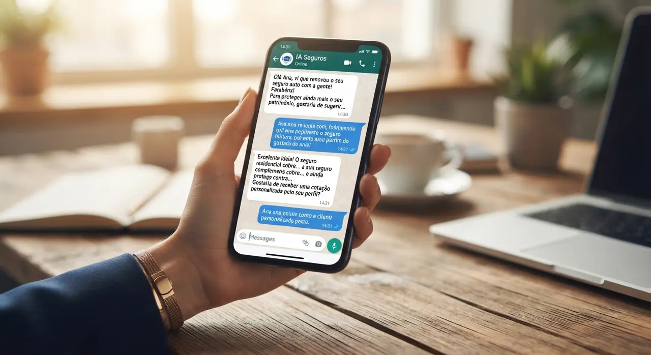 Corredor de seguros supervisando la atención omnicanal automatizada y venta cruzada por WhatsApp