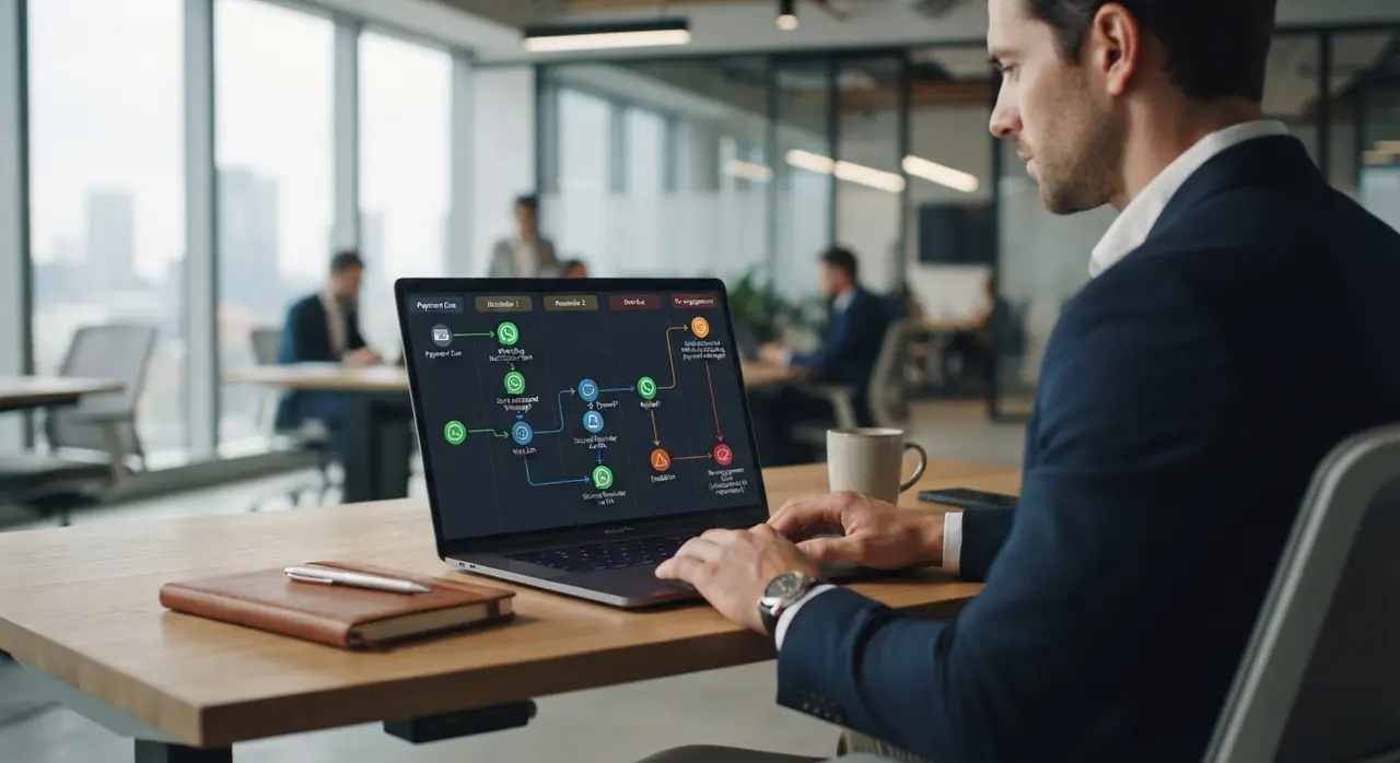 Painel de CRM mostrando réguas de cobrança automatizadas para WhatsApp comercial