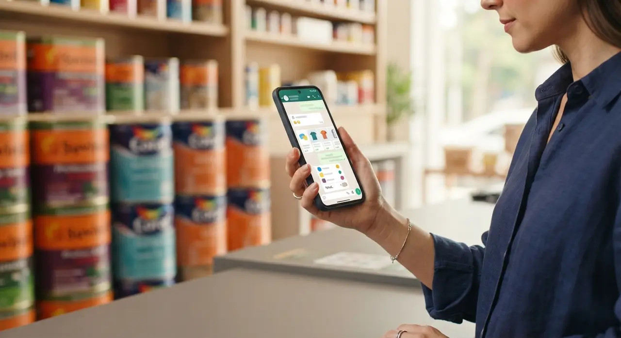 Cliente recebendo cotação e rendimento de tinta via WhatsApp com agente comercial virtual