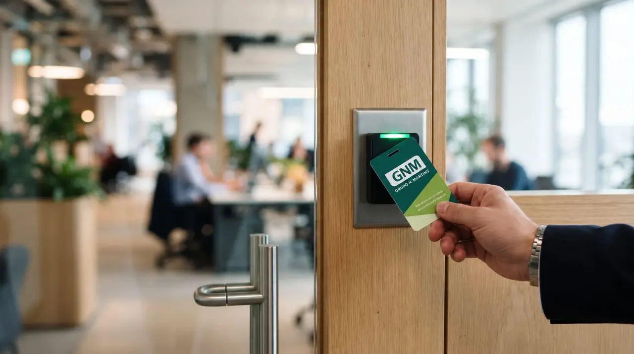 Cartão RFID sendo aproximado de um leitor eletrônico em uma porta corporativa