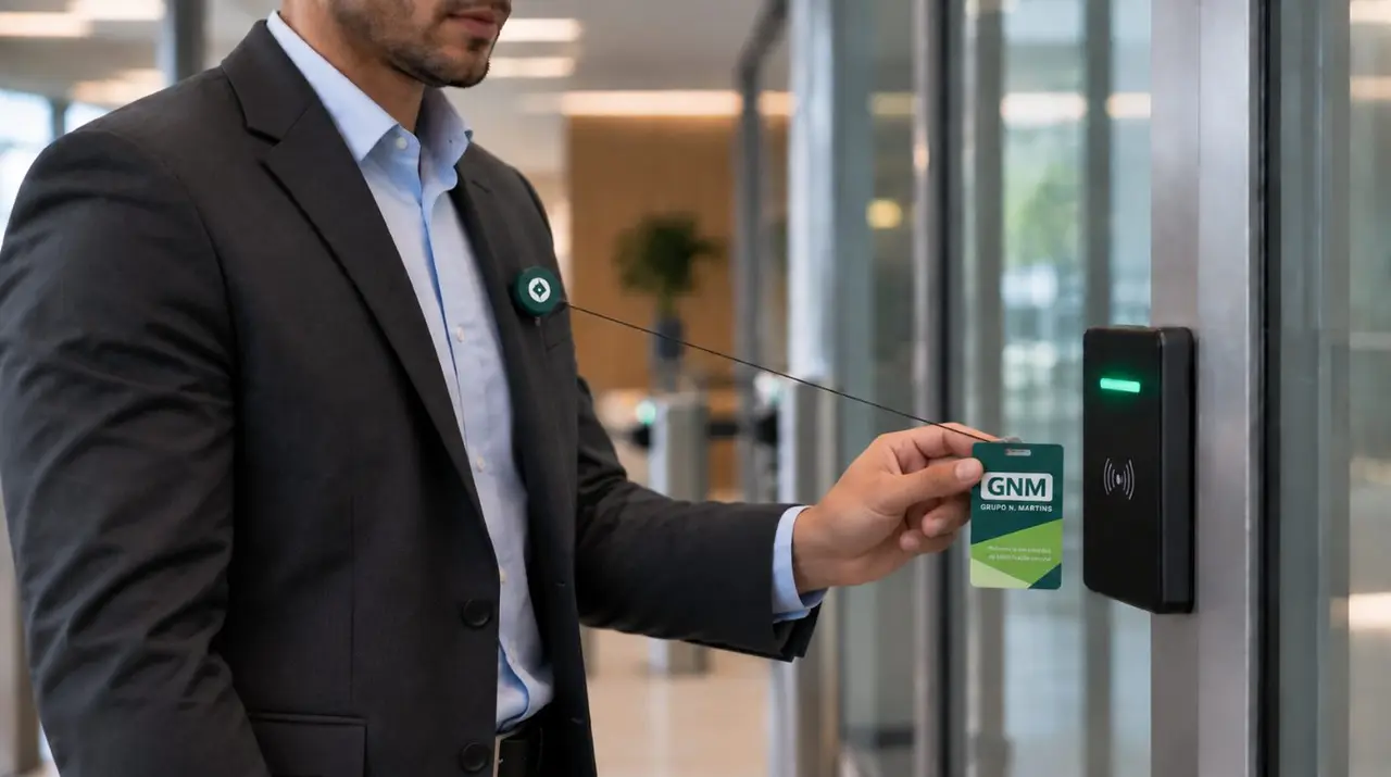 Cartão ISO de proximidade preso a um roller clip retrátil na roupa do funcionário