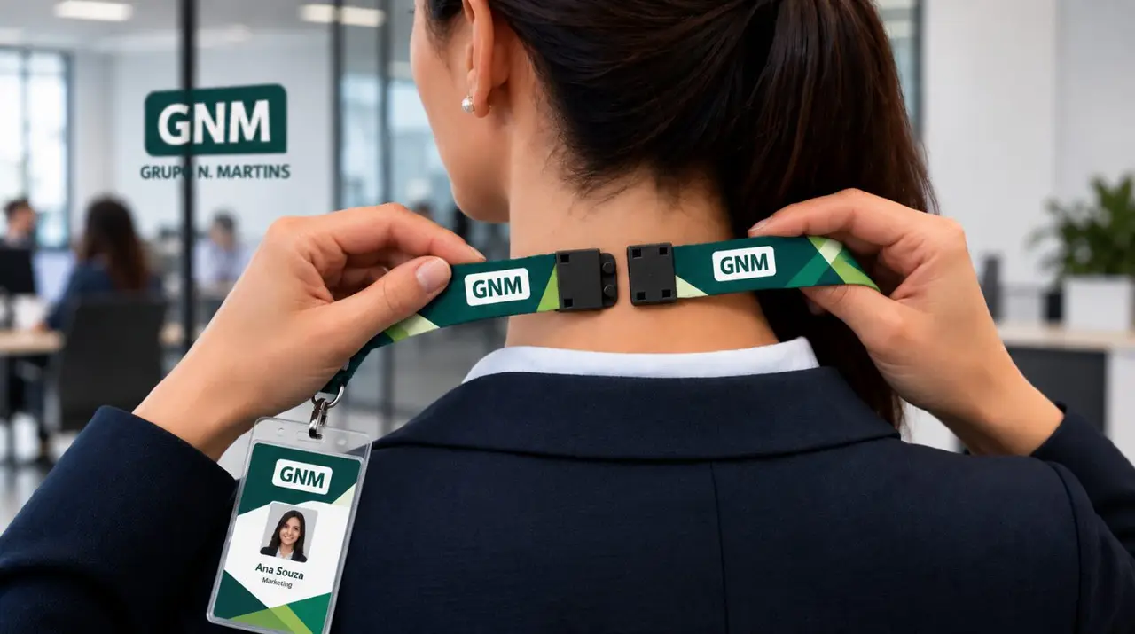 Detalhe da trava de segurança anti-sufocamento em um cordão de segurança para crachá