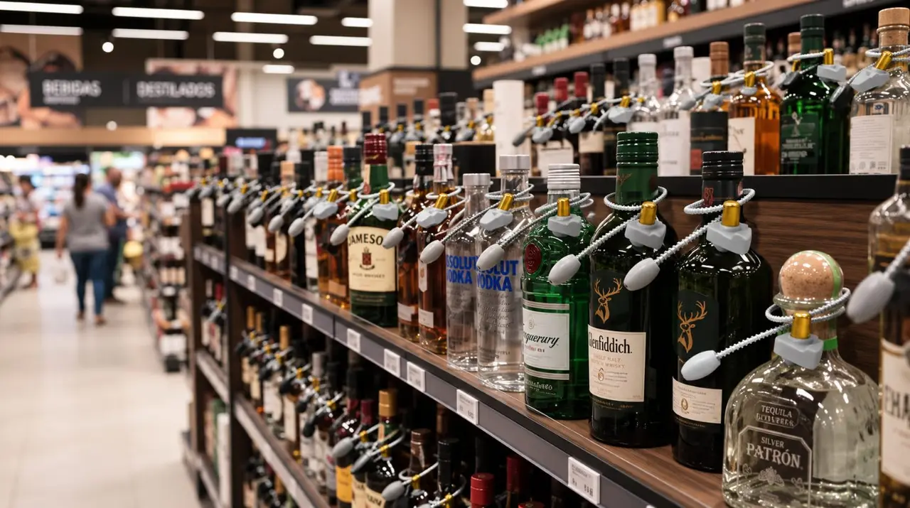 Garrafas de bebidas protegidas com etiqueta rígida antifurto na prateleira de um supermercado.