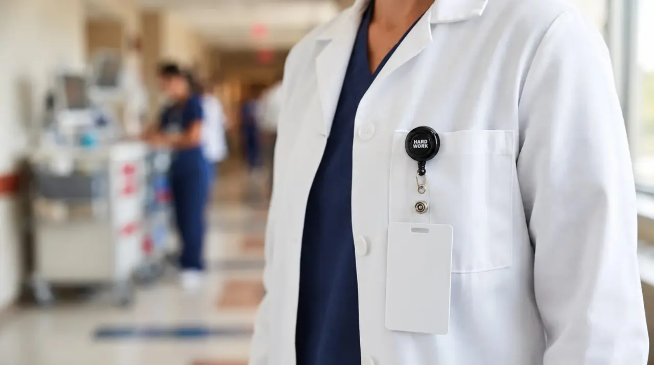 Porta crachá retrátil preso ao jaleco em um ambiente hospitalar para identificação funcional.