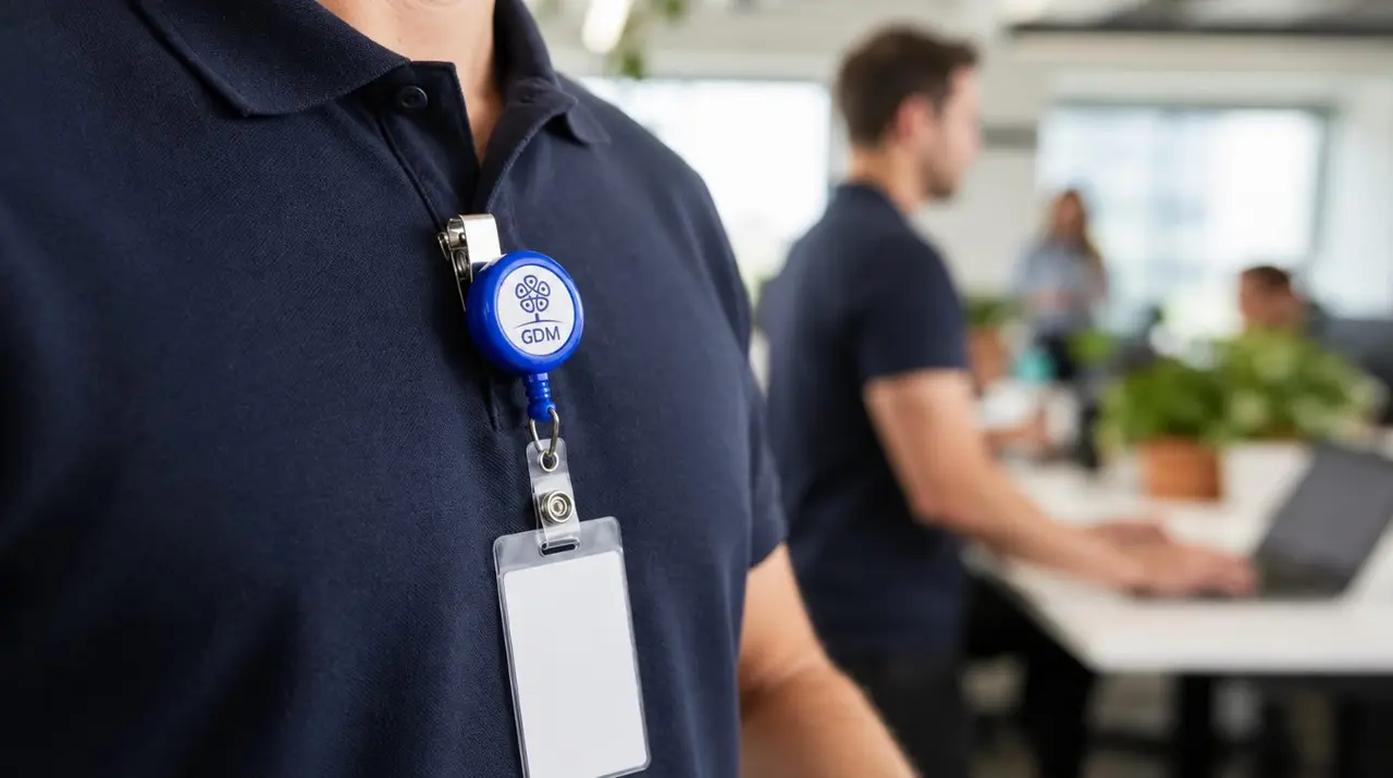 Detalhe da presilha metálica e do acabamento de um suporte retrátil fixado na camisa.