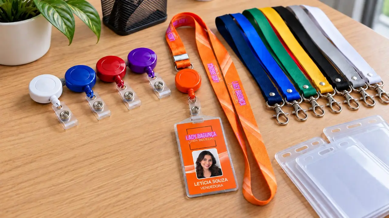 Acessórios como roller clip e cordões coloridos para identificação corporativa sobre a mesa