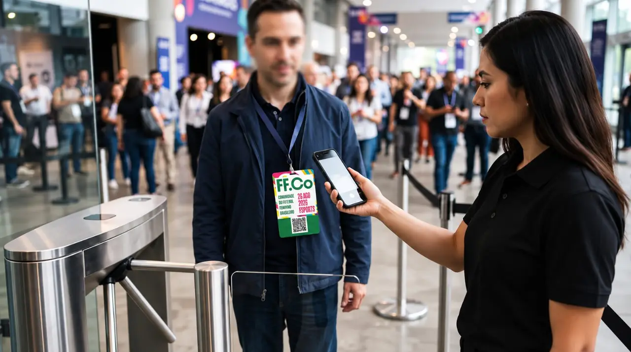 Segurança de evento realizando o controle de acesso em eventos através da leitura de crachá.