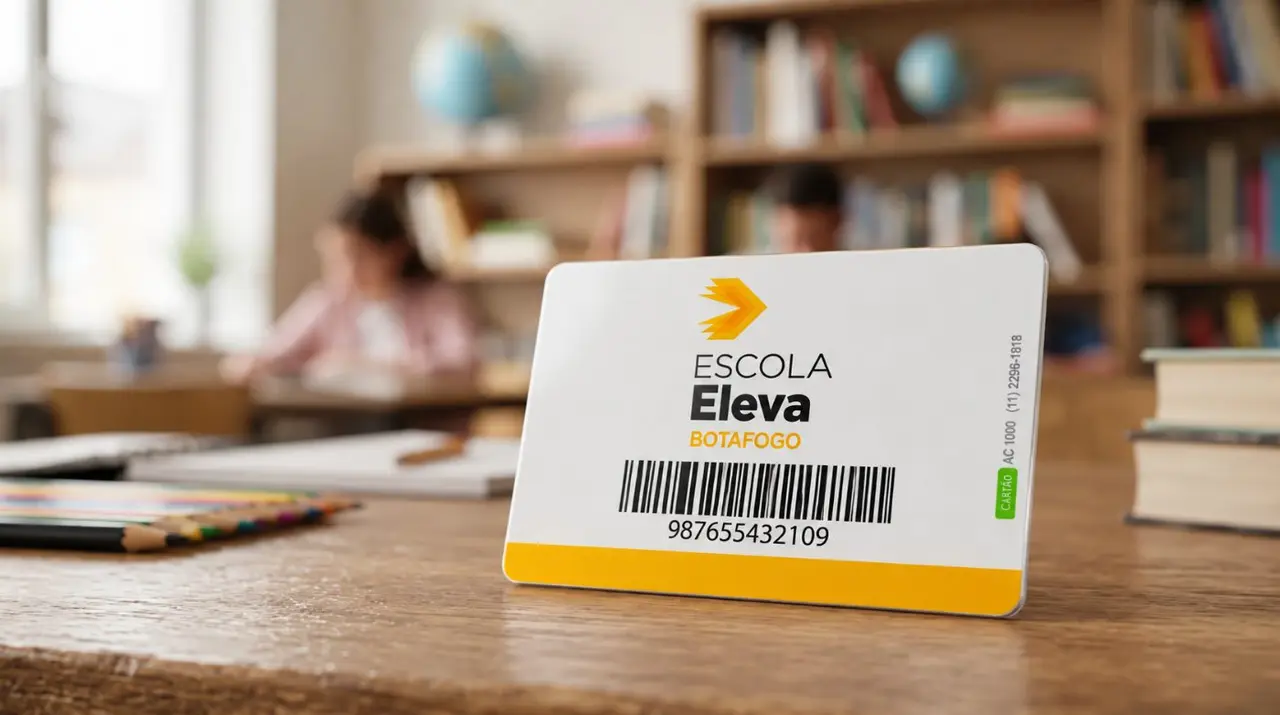 Verso de uma carteirinha escolar em PVC mostrando o código de barras impresso para identificação escolar
