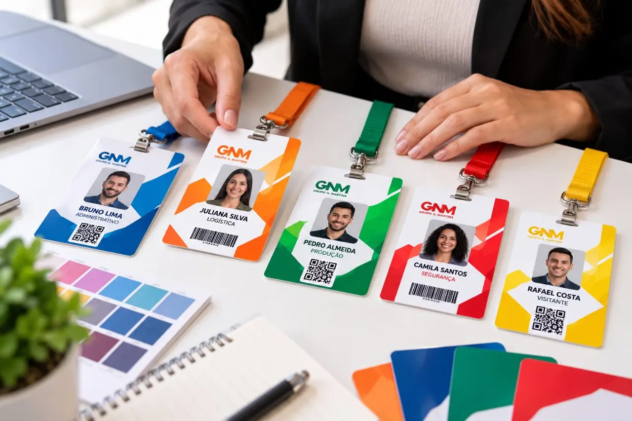 Criação de credenciais com cores setorizadas para identificação rápida.