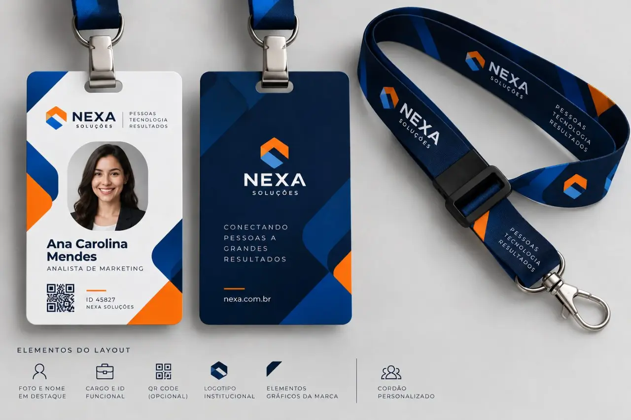 Layout personalizado de crachá e cordão com identidade visual corporativa.