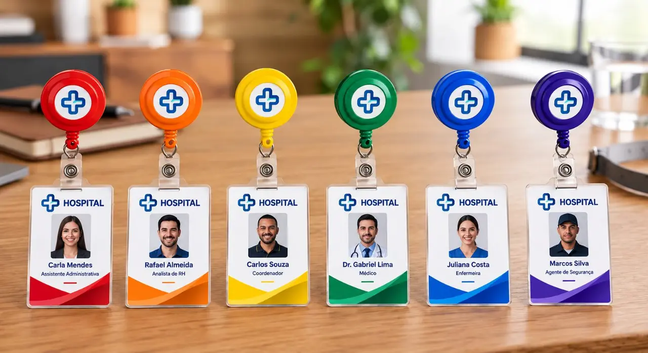Diversas opções de roller clip colorido organizadas sobre uma mesa de escritório