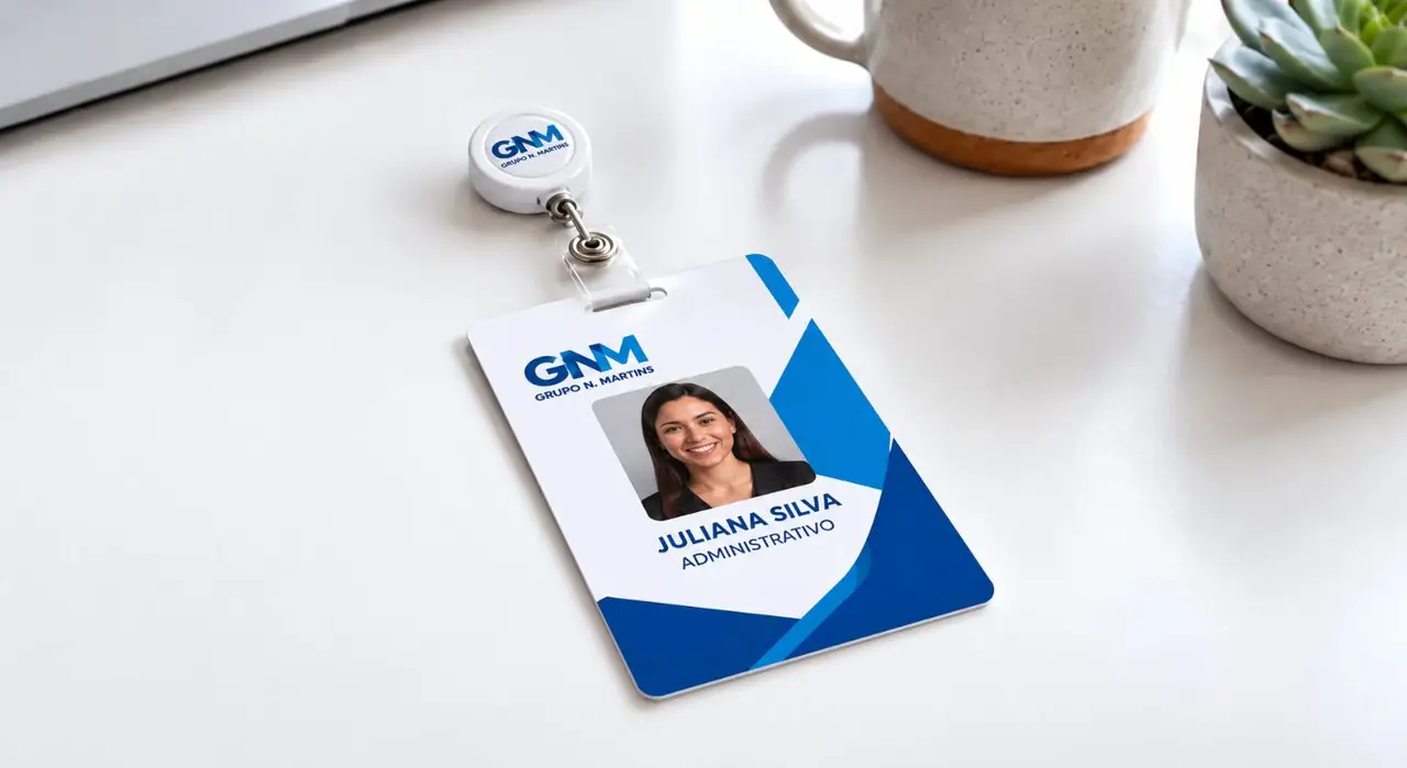 Crachá com design personalizado sobre uma mesa branca.